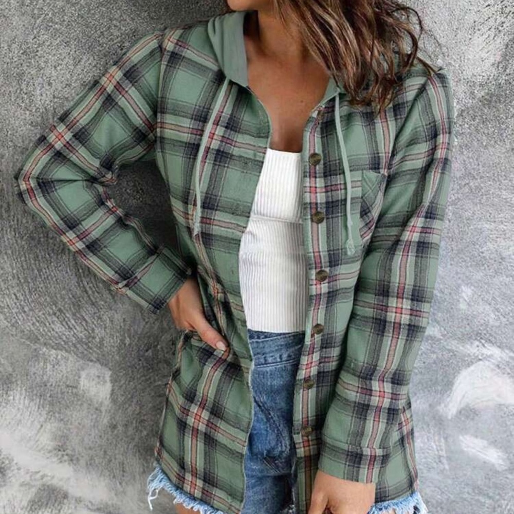 SHEIN Green Plaid Hooded Jacket Size Small